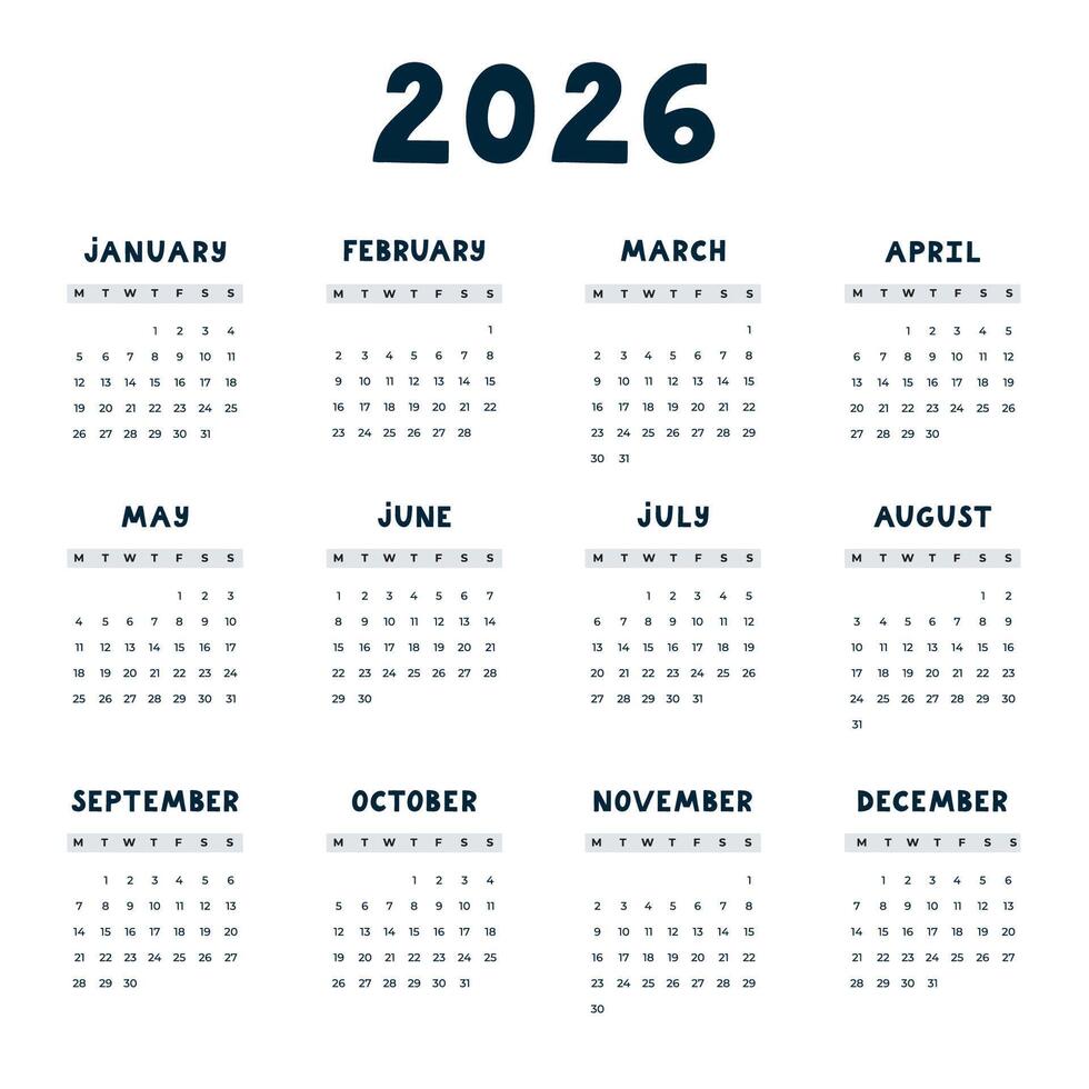 Lovely minimal calendar template for 2026 year with weeks starts on Monday. Black and white calendar grid with funky hand drawn font for child nursery, company, office. Square monthly calender layout vector