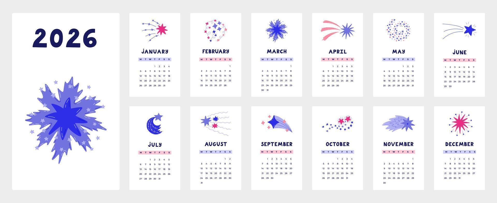 Lovely astronomy calendar template for 2026 year with cartoon clipart of star dust, falling star. Calendar grid with weeks starts on Monday for kids nursery. Vertical monthly calender layout for plan. vector