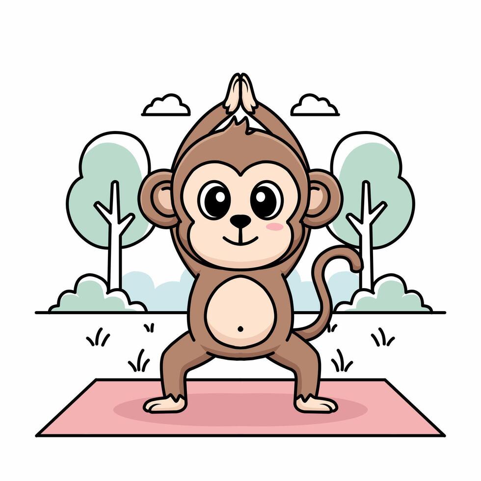 Cartoon monkey practicing yoga outdoors vector