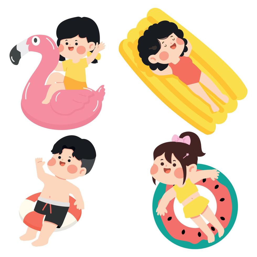 Cartoon Children Playing with Pool Floats swim set vector