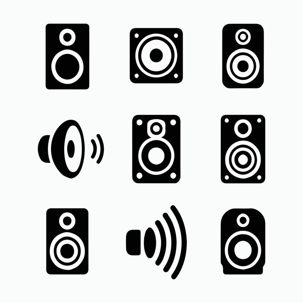 Flat Black Icons of Speakers for Audio, Events, and Devices vector