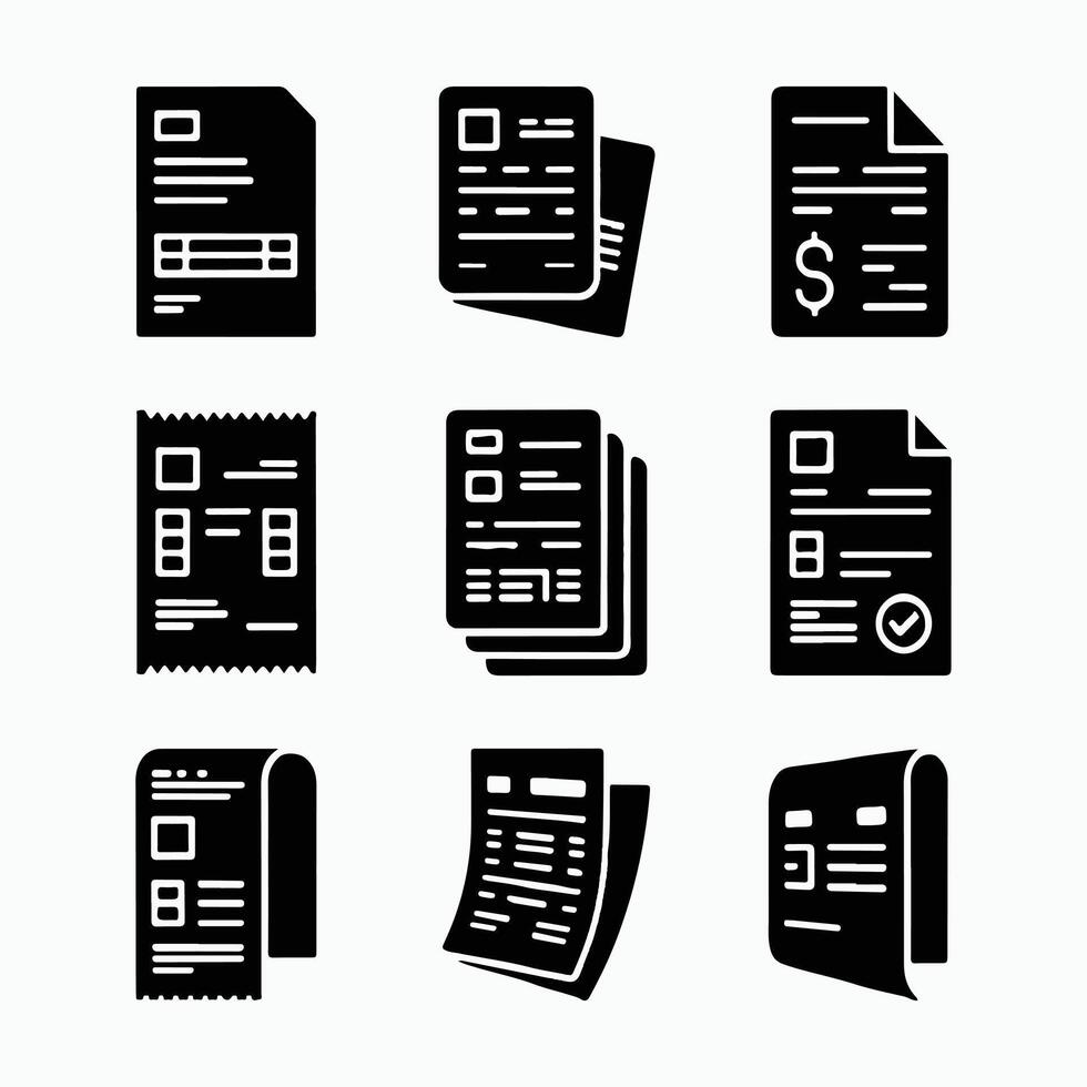 Collection of Invoice and Receipt Icons in Black and White vector