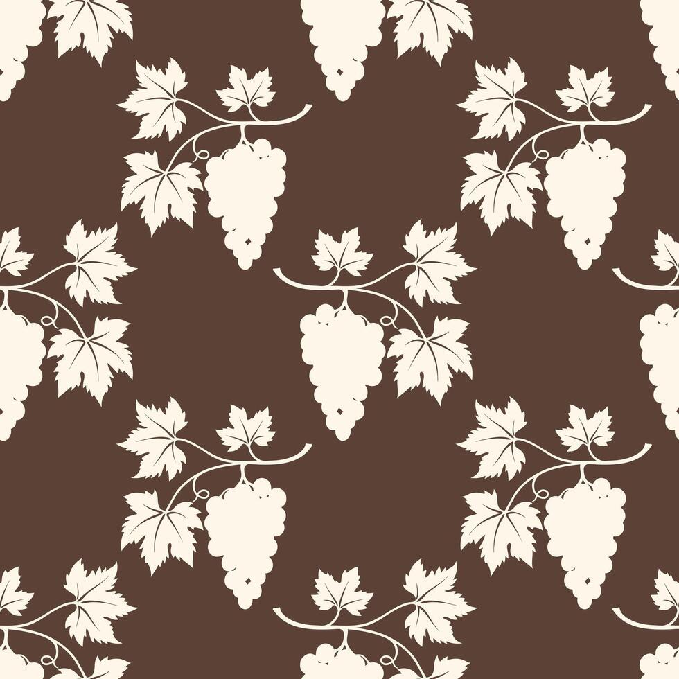 Grape vine pattern, creme vine silhouette on brown background. vector