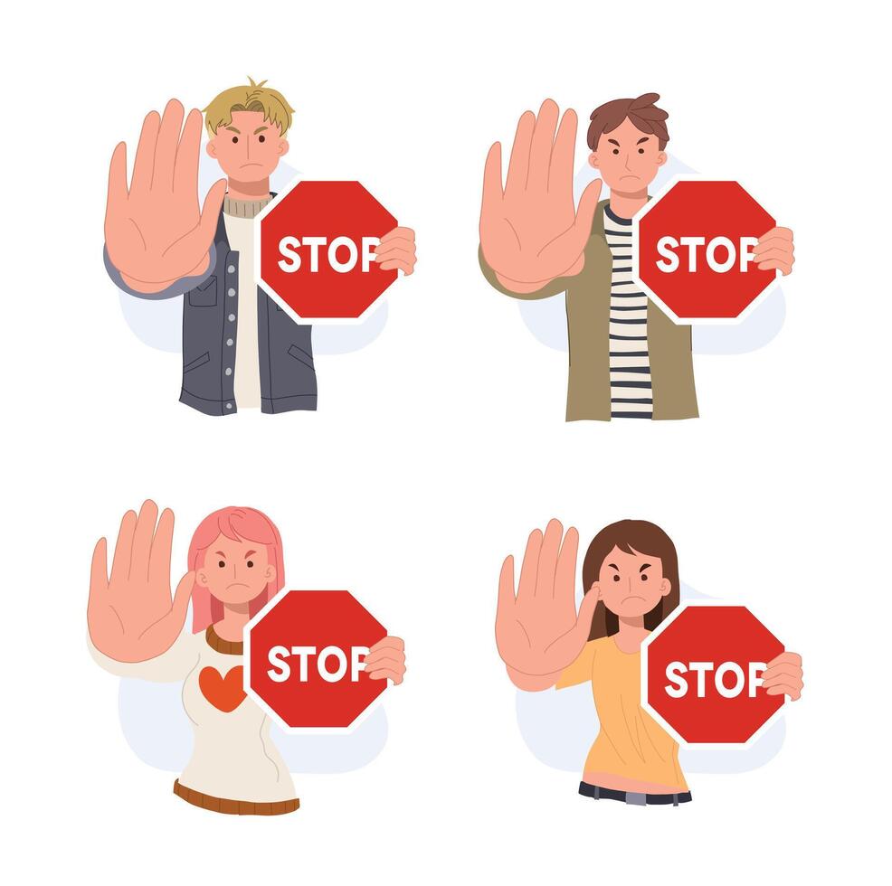 Set illustration of people are holding red stop road sign. Protest and fight concept. No , Stop vector