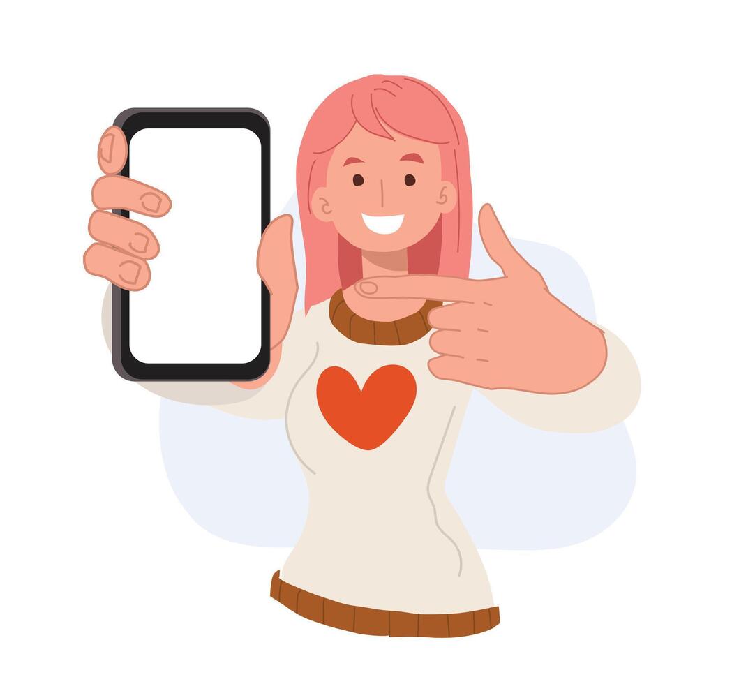 Woman showing blank smartphone screen and pointing on it. vector
