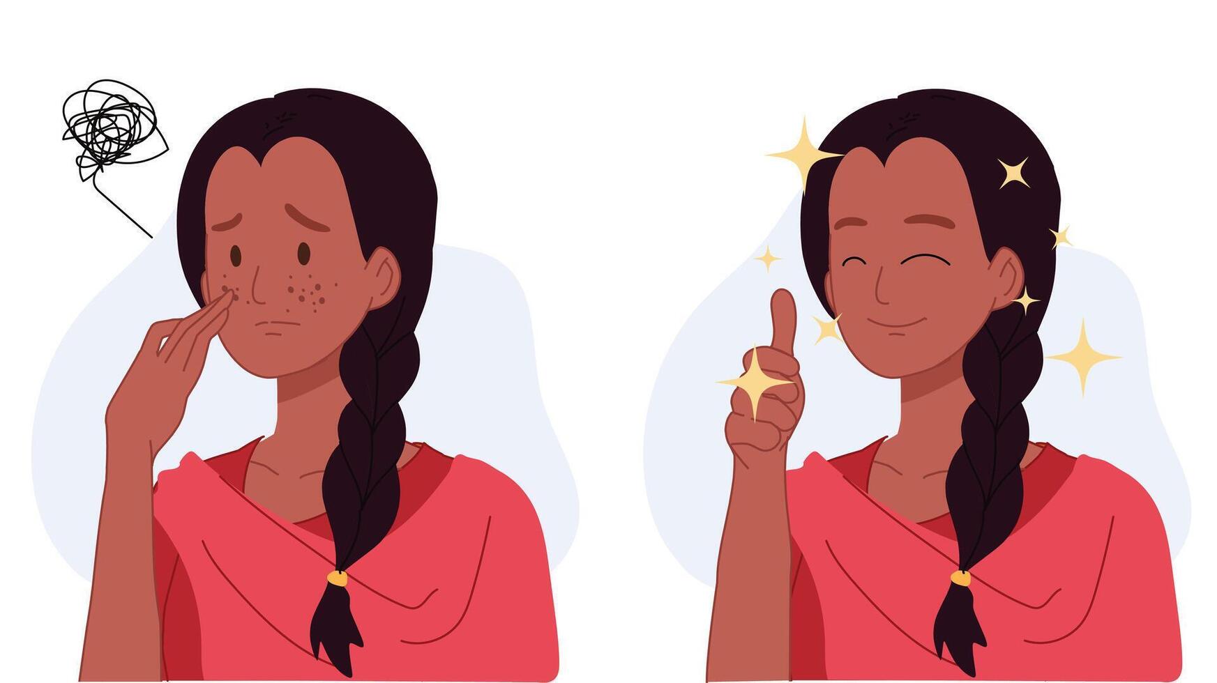 Skin care concept.indian woman,girl with acne.Before and after acne.Flat 2d cartoon character illustration. vector