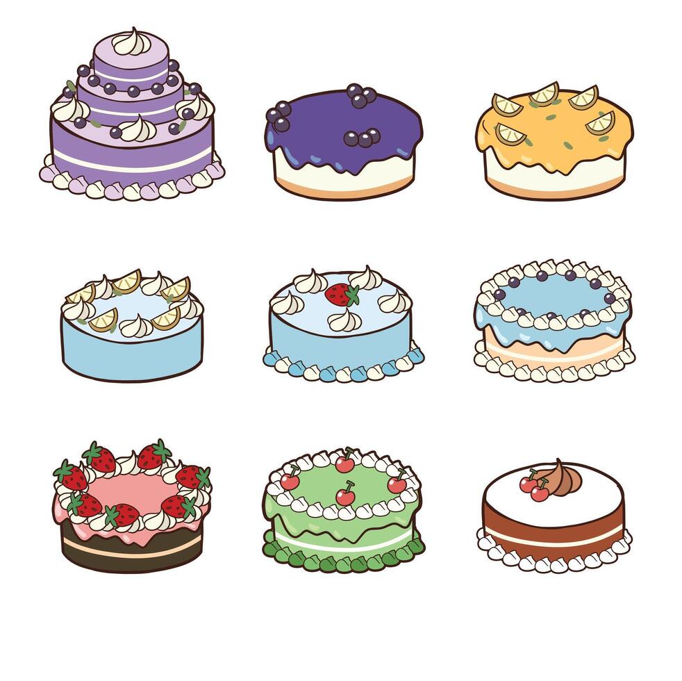 Colorful collection of decorative cakes vector