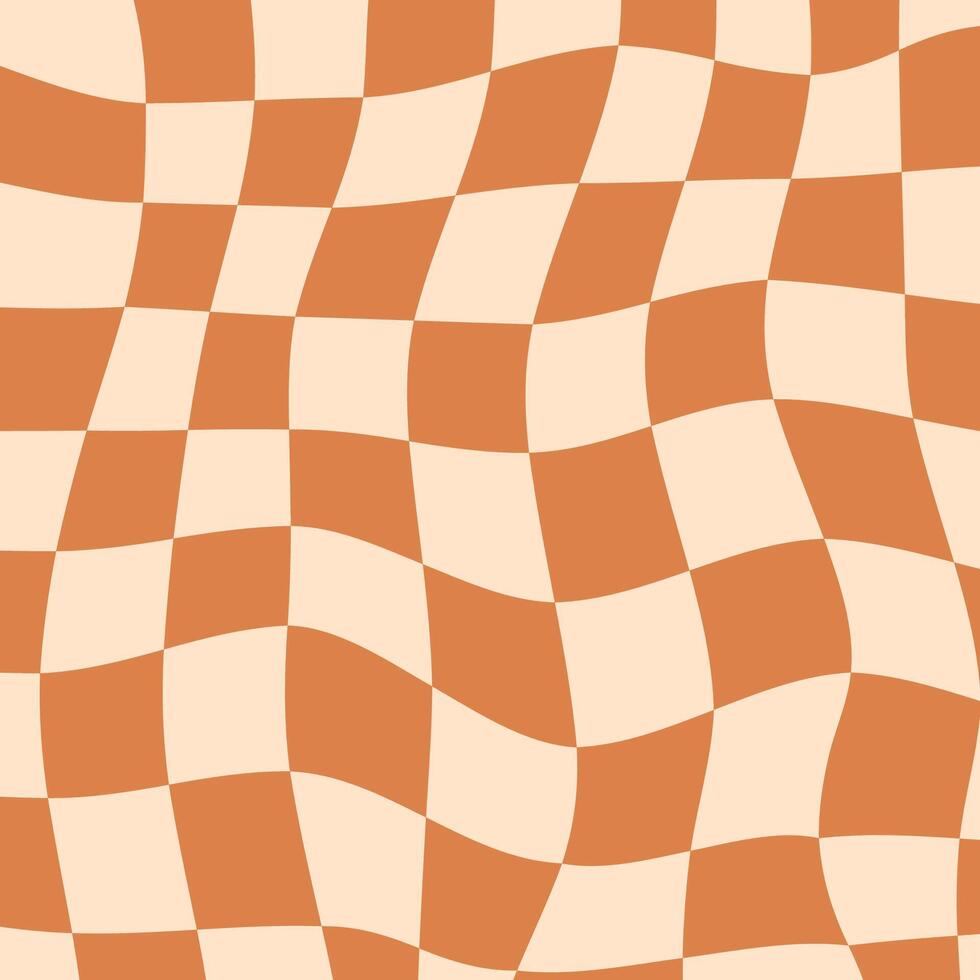 Wavy checkerboard background in brown and beige tones. Retro-style distorted squares with a funky and groovy visual effect.Perfect for vintage posters, print, banners and projects with a 70s aesthetic vector