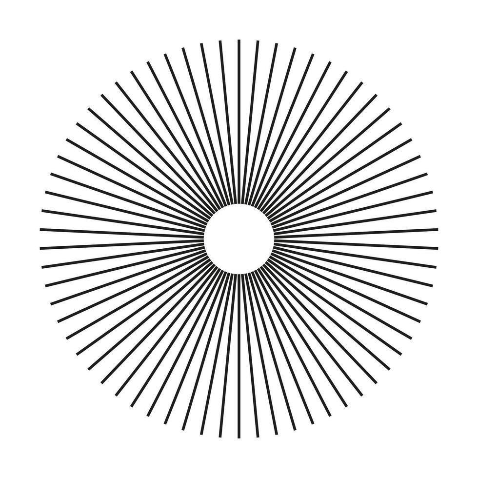 Radial circle lines. Abstract geometric shape. Circular lines design element. Symbol of Sun star rays. Spokes with radiating stripes. Graphic illustration. vector