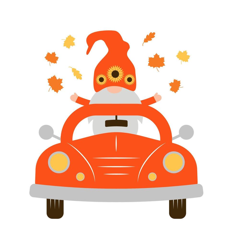 Autumn retro car and cute fall gnome. template for Thanksgiving card, banner, typography poster, flyer vector