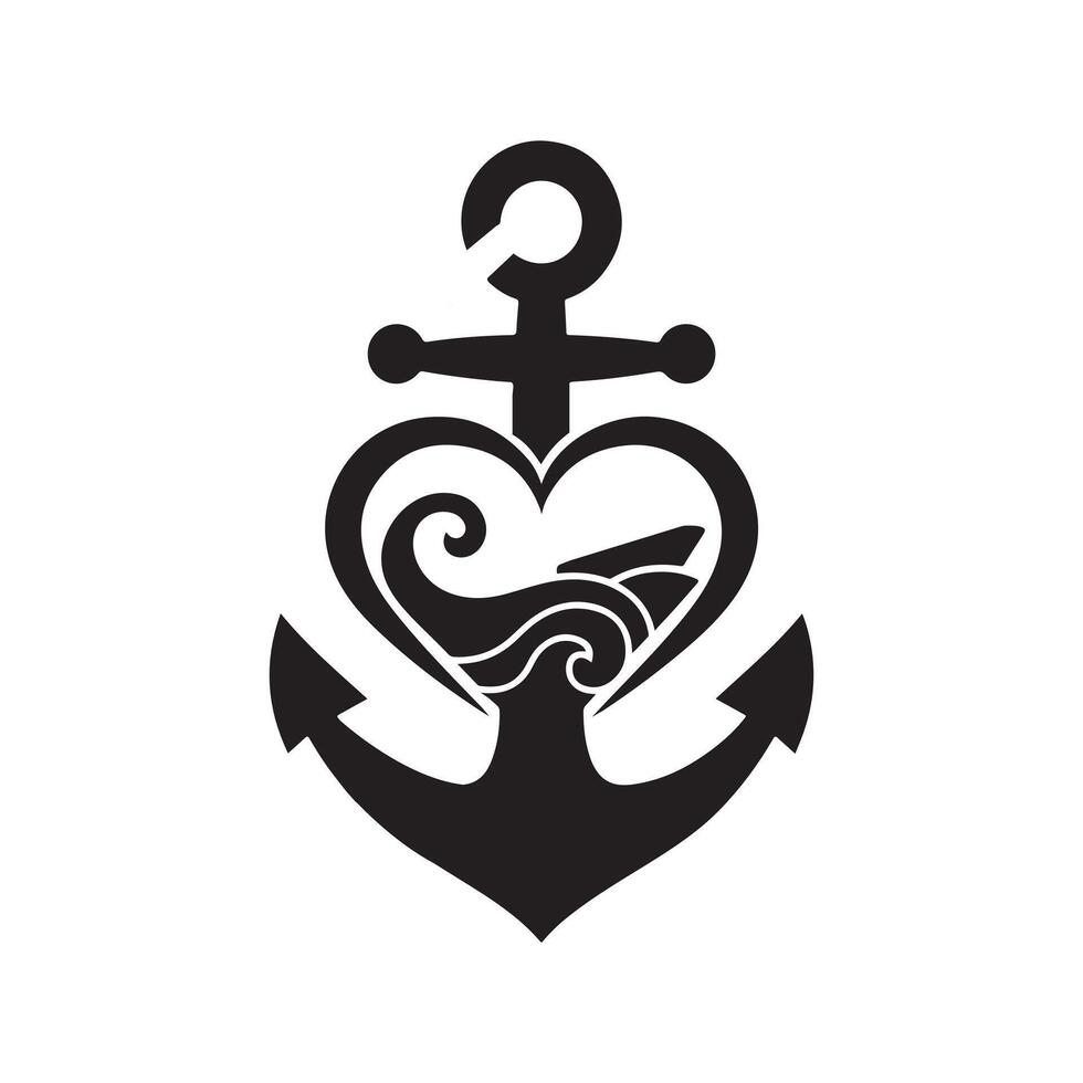 Heart-Shaped Anchor with Ocean Waves Design vector