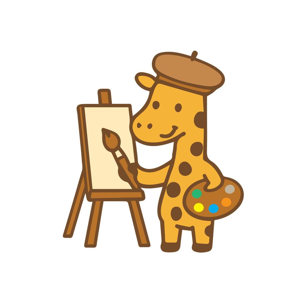 Giraffe Artist Painting on Canvas with Palette and Beret vector