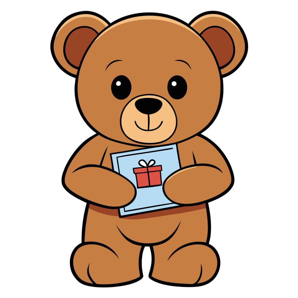 A cartoon brown teddy bear holding a gift vector