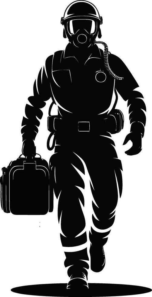 Hazmat Suit Worker with Respirator and Medical Kit, Chemical Safety Expert, Contamination Control Professional vector