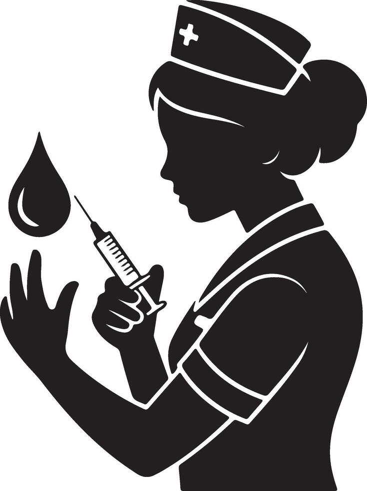 Nurse with Syringe and Drop of Liquid, Medical Injection Preparation, Vaccination Silhouette Icon vector