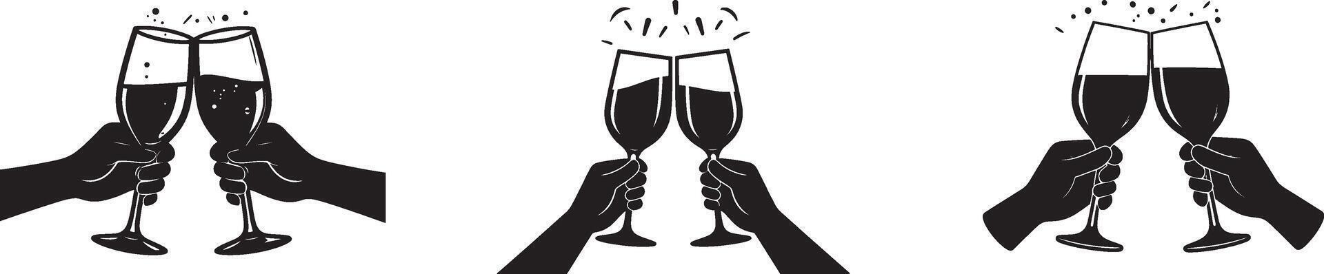 Set of Clinking Champagne Glasses with Hands. Toasting and Celebration Icons for Parties, Events, and Success vector