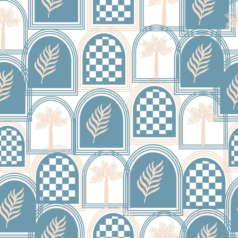 pattern with palm leaves and checkered design vector