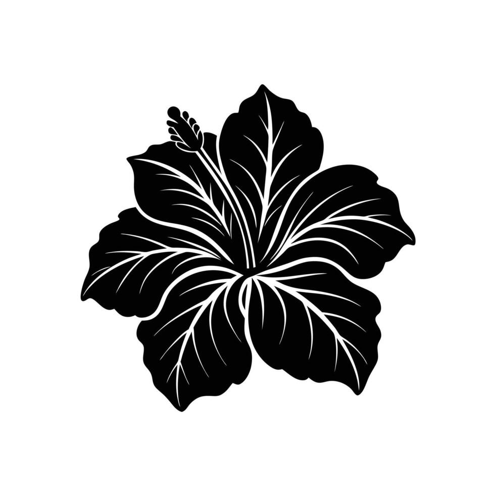 Black Hibiscus Flower Silhouette Illustration, Tropical Floral Design, Isolated on White Background, Elegant Nature Icon for Decoration, Tattoo, or Pattern vector