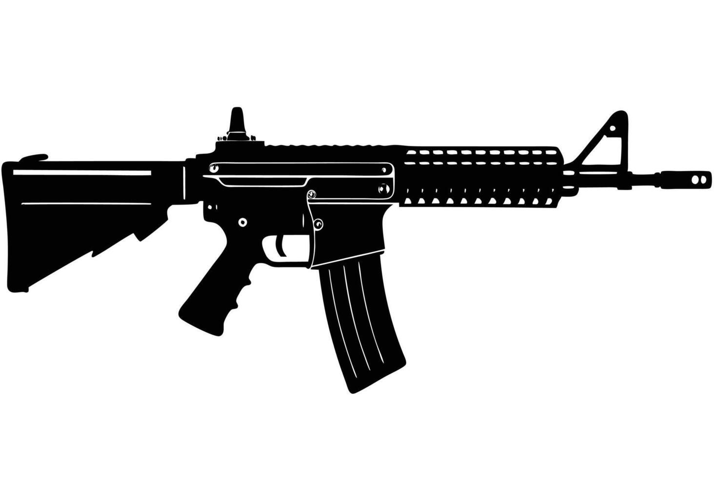 Black and White Assault Rifle Silhouette, Military Gun Illustration, Weapon Icon, Isolated Clipart for Security, Army, Police, War, and Tactical Design vector