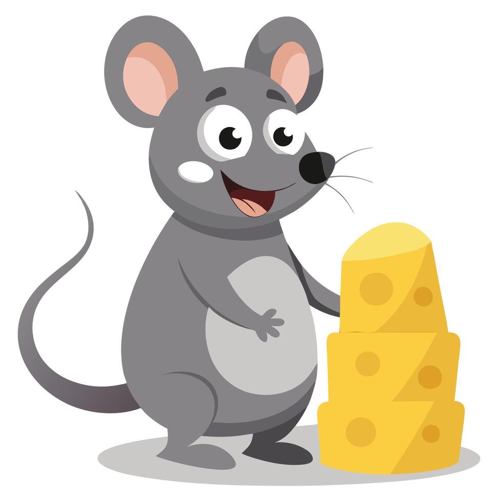 Cute Cartoon Mouse with Cheese, Illustration of Happy Animal Character Standing Beside Cheese Stack, Isolated on White Background, Fun Design vector