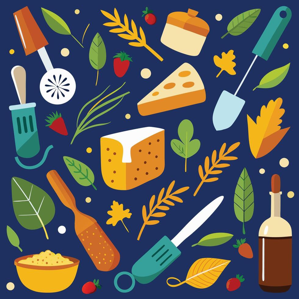 Colorful Kitchen Utensils and Food Seamless Pattern, Cooking Tools, Cheese, Leaves, Illustration, Culinary Background for Restaurant, Menu, Recipe, and Food Design vector