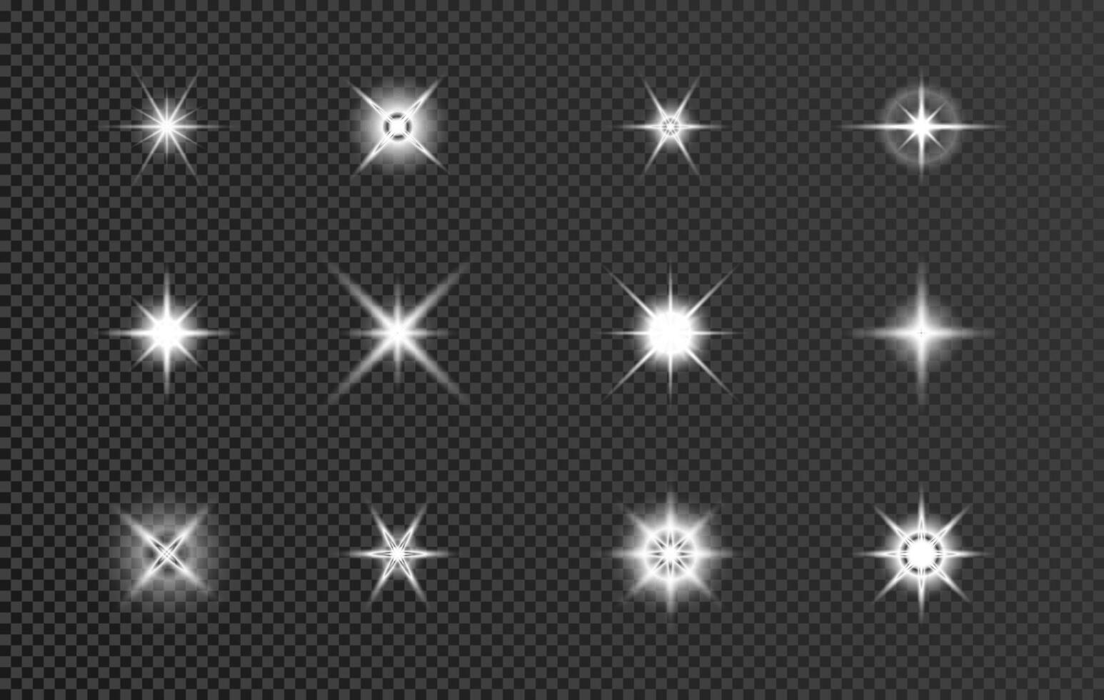 White Light effects set. Sunlight for web banner card christmas, new year. Glowing Bursts with sparkles. Glow stars. Lens flare, explosion, glitter, sun flash, spark. Abstract flare decoration. vector