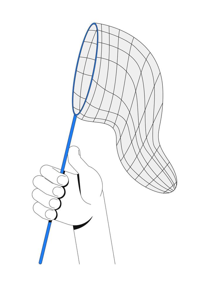 Hand holding catching net illustration. Gripping butterfly net catcher. Capturing tool, opportunity, abstract pursuit 2D cartoon image isolated on white. Editable flat clipart colorful vector