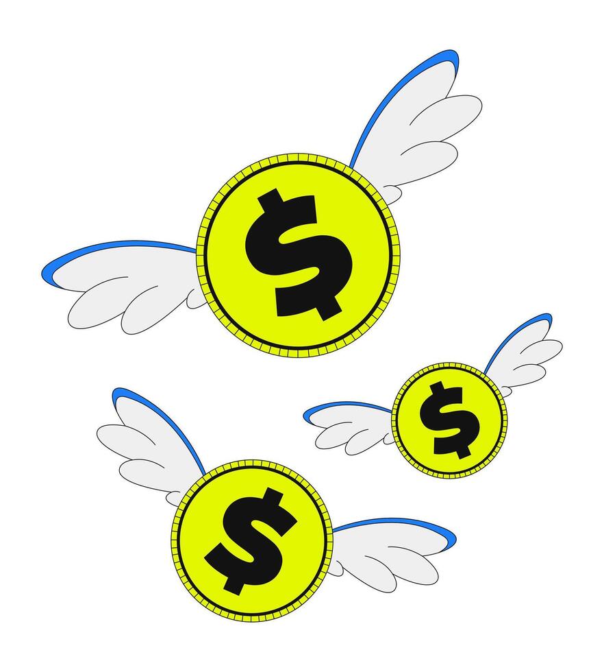 Flying dollar coins with wings 2D cartoon object. Floating currency through air. Money freedom. Spending concept. Economic metaphor isolated element flat clip art on white. Spot illustration vector
