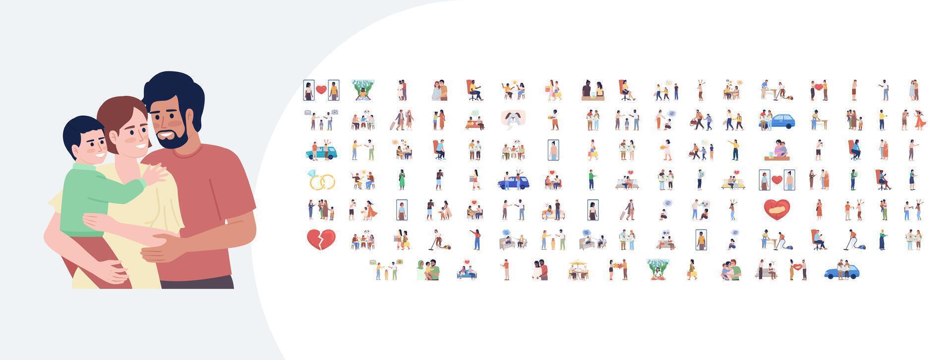 family hugging with various relationship icons vector