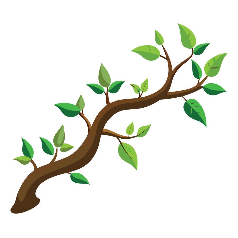 Tree Branch with Green Leaves, Botanical Nature Illustration, Fresh Spring Growth, Isolated Art Design on White Background, Eco-Friendly Plant Element vector