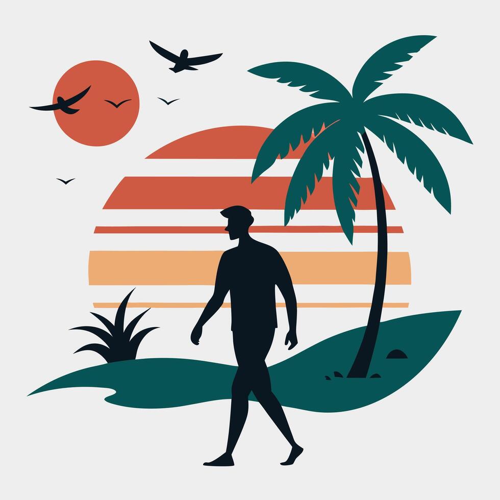 Silhouette of Man Walking on Tropical Beach with Palm Tree, Sunset, Birds, and Retro Striped Background, Summer Vacation and Relaxation Concept Art vector