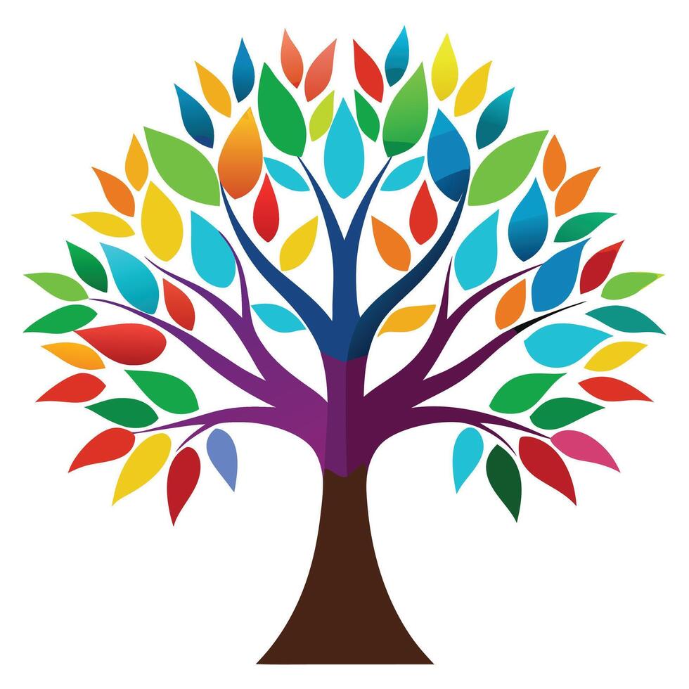Colorful Abstract Tree with Multicolored Leaves, Modern Nature Illustration, Symbol of Growth and Diversity, Isolated Art Design on White Background vector