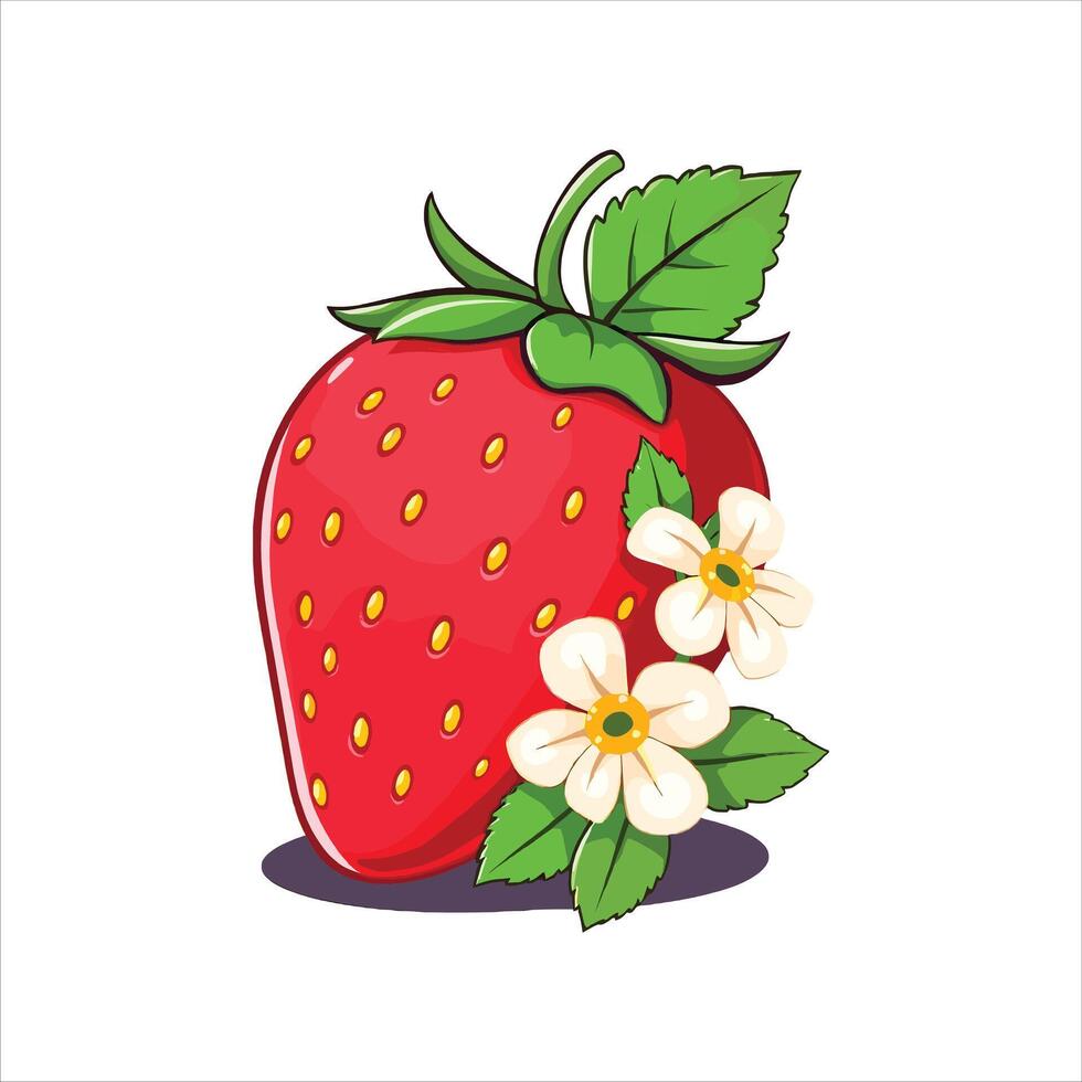 Bright red strawberry with green leaves and white flowers, isolated on white background, fresh fruit illustration, healthy organic food, summer harvest art vector