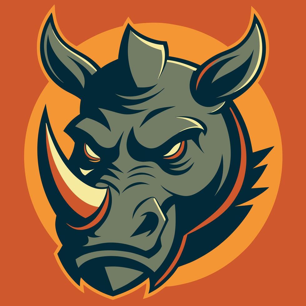 Fierce rhino mascot head illustration, bold cartoon style, strong animal logo design, sports team emblem, graphic for branding and merchandise. vector