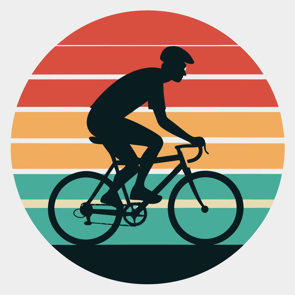 Silhouette of cyclist riding bicycle with retro sunset background, vintage style illustration for sports, outdoor activity, healthy lifestyle, fitness, and adventure concepts. vector