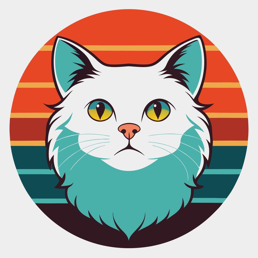 White fluffy cat face illustration with retro sunset background, vintage style pet portrait, feline animal art for decoration, design, and animal lovers. vector