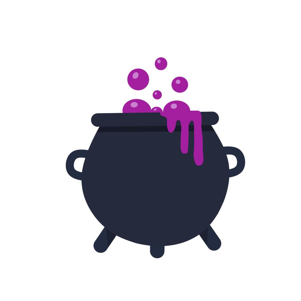Witch's cauldron with bubbling purple potion. Flat Halloween-style cartoon illustration perfect for magical themes, spooky party decor, or potion-based design vector