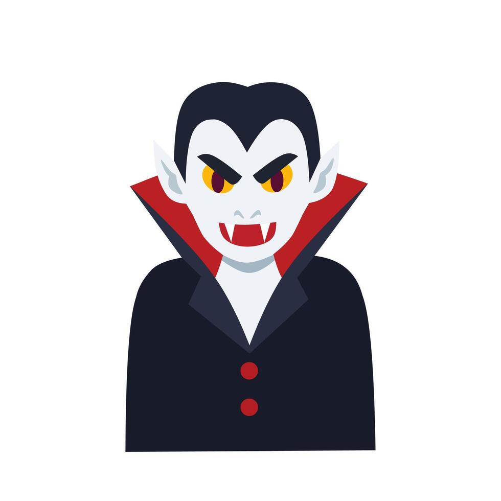 Flat cartoon vampire with fangs, red eyes, and black cloak. Classic Halloween character for spooky design, horror graphics, or festive vampire-themed content vector
