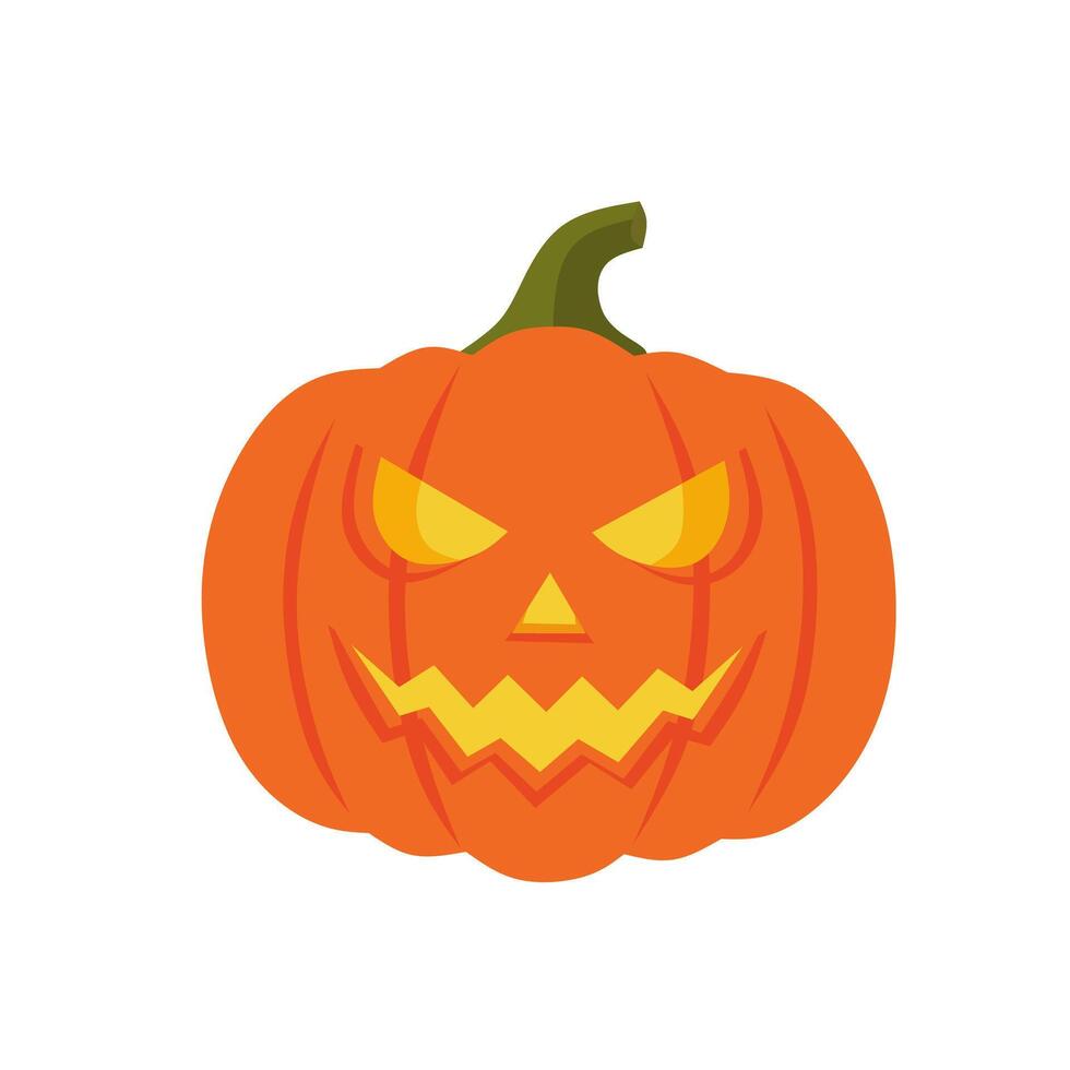 Spooky Halloween pumpkin with scary glowing face, carved jack-o'-lantern style. Flat cartoon illustration perfect for holiday decorations or greeting cards vector
