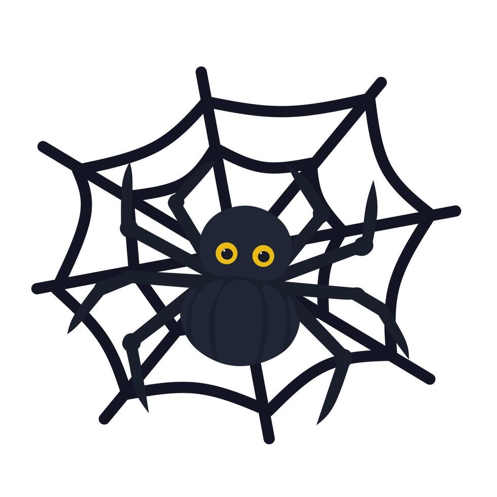 Black spider hanging on a web, cute yet creepy flat style Halloween illustration. Great for scary decorations, stickers, and spooky digital content vector