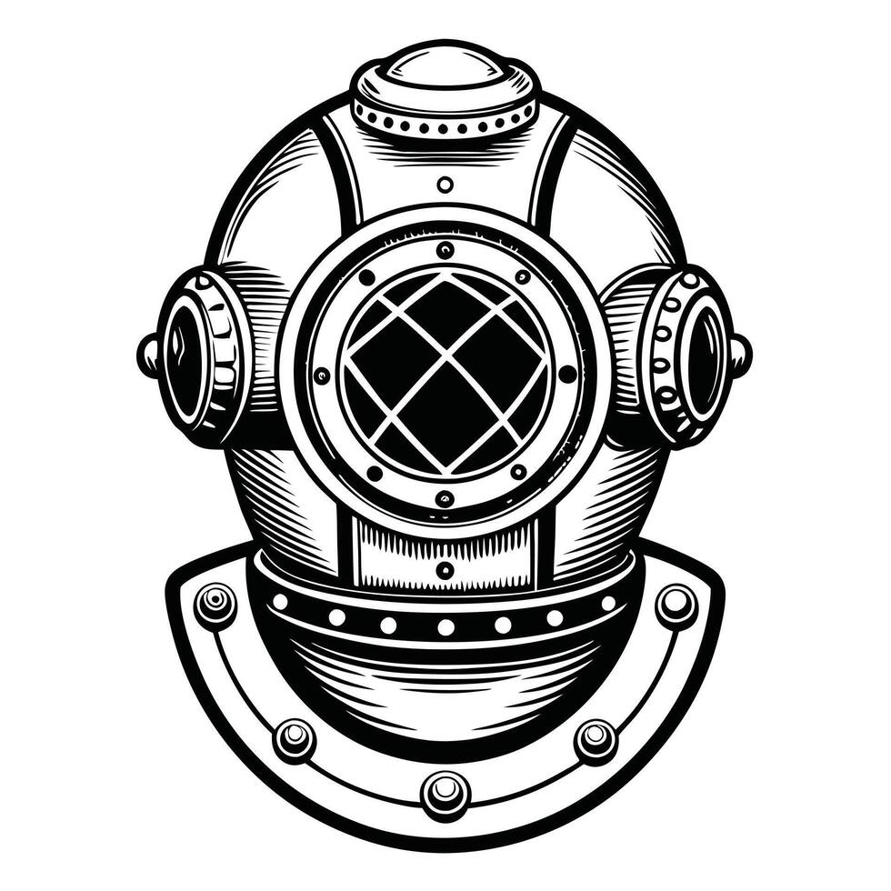 Vintage Diving Helmet Illustration in Black and White, Classic Deep Sea Diver Helmet , Nautical Retro Equipment Isolated on White Background for Marine and Adventure Themes vector