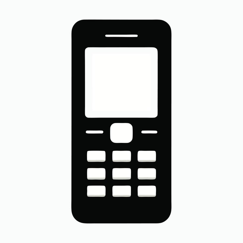 Black mobile phone icon illustration isolated on white background, symbolizing communication, technology, cell phone, keypad, device, retro, call, and digital connection concept. vector