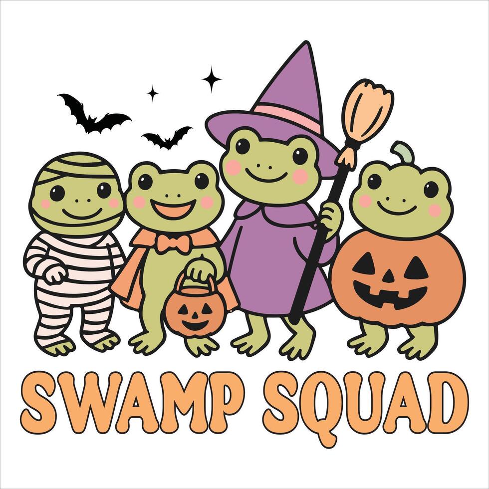 swamp squad - Funny Halloween Frog T-shirt , Spooky Kawaii Frog Shirt Design, Spooky Season Tee Design, Kawaii Halloween Animal Clipart, Halloween Ghost Cartoon Frog Illustration vector