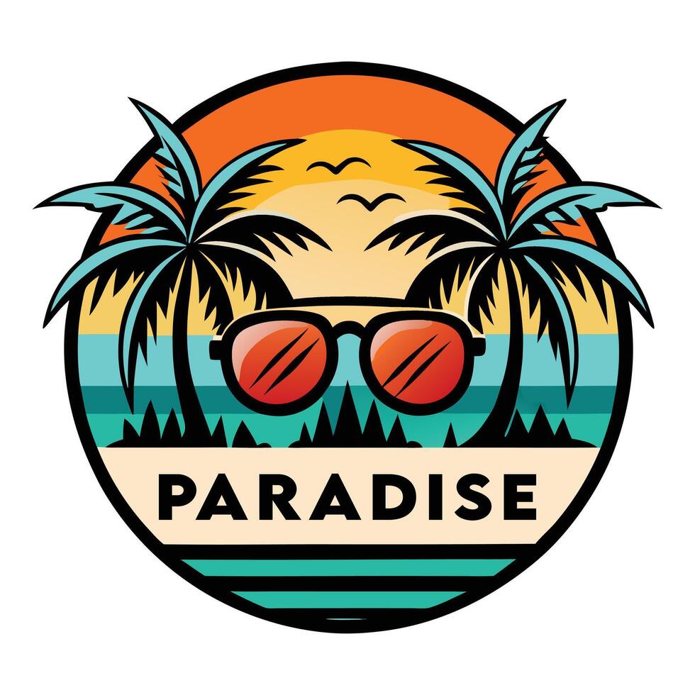 paradise logo with sunglasses and palm trees. vector