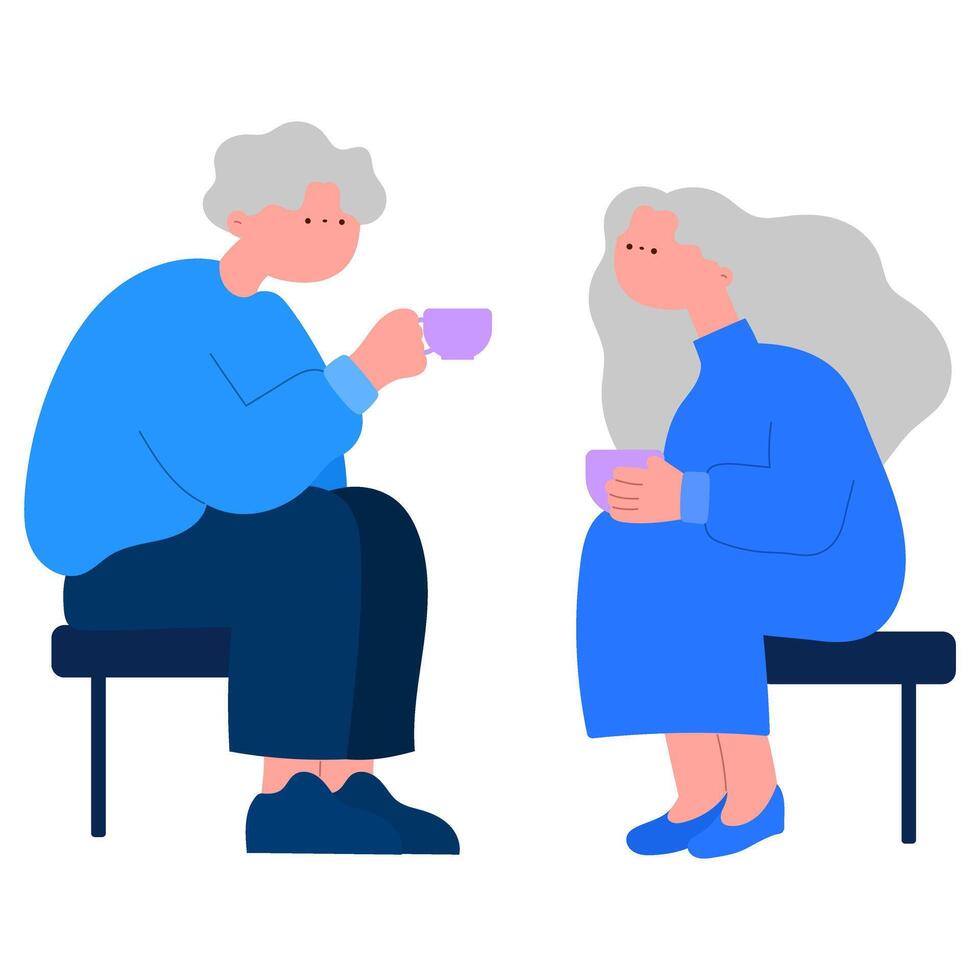 elderly couple enjoying coffee and chatting, relaxing time flat illustration vector