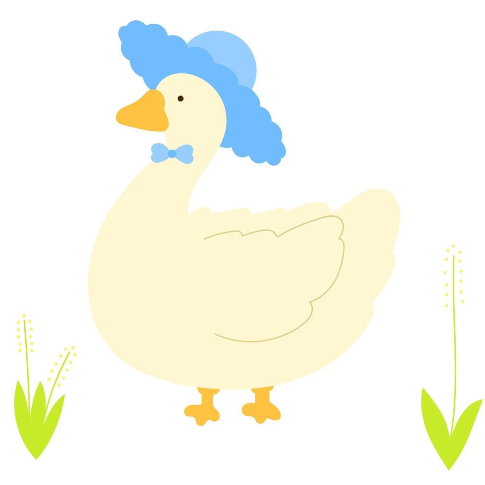 cute cartoon goose wearing a little hat, friendly countryside bird flat illustration vector