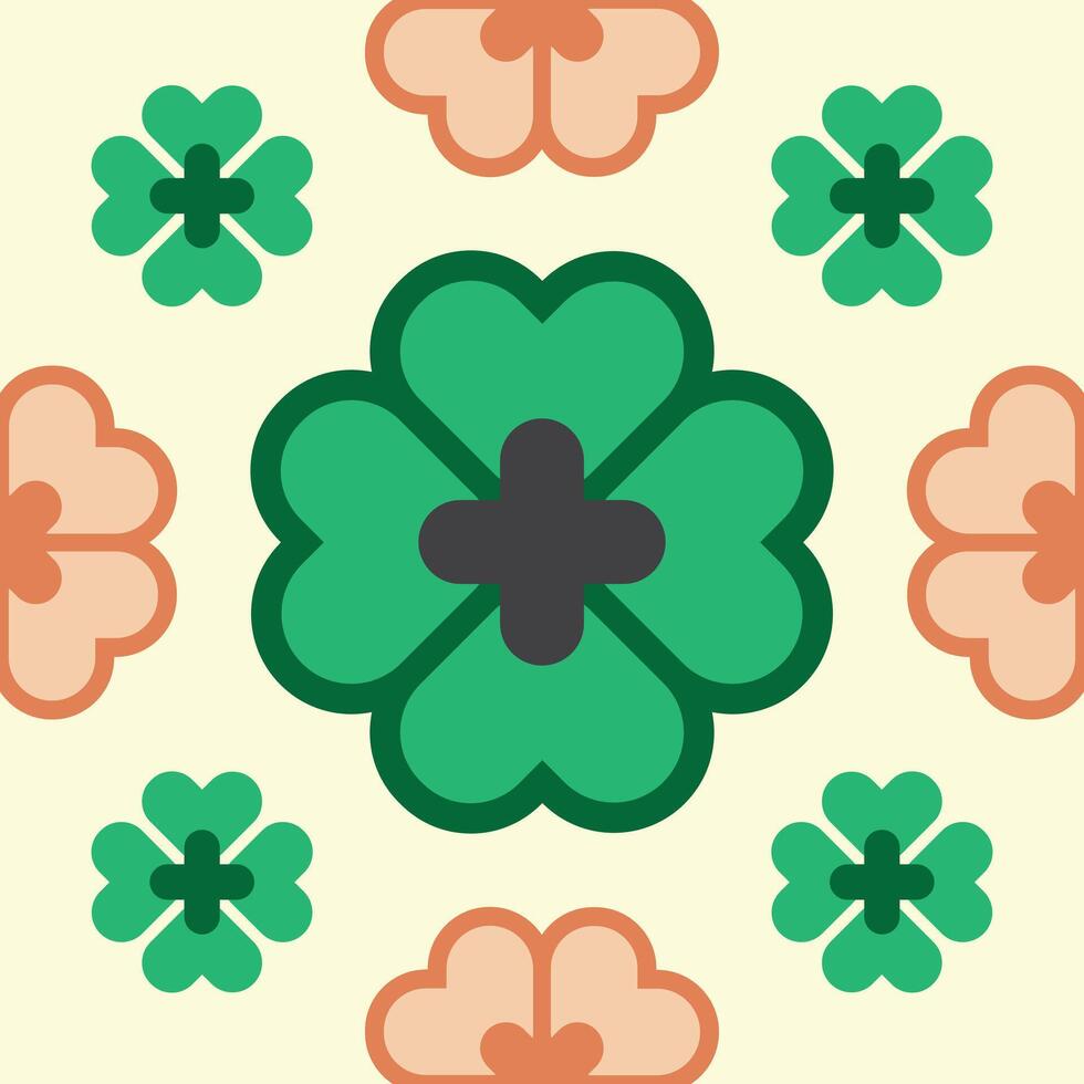 seamless pattern with green four-leaf clovers and beige flowers on a light green background, symmetrical arrangement, flat design, simple shapes, nature-inspired, decorative vector
