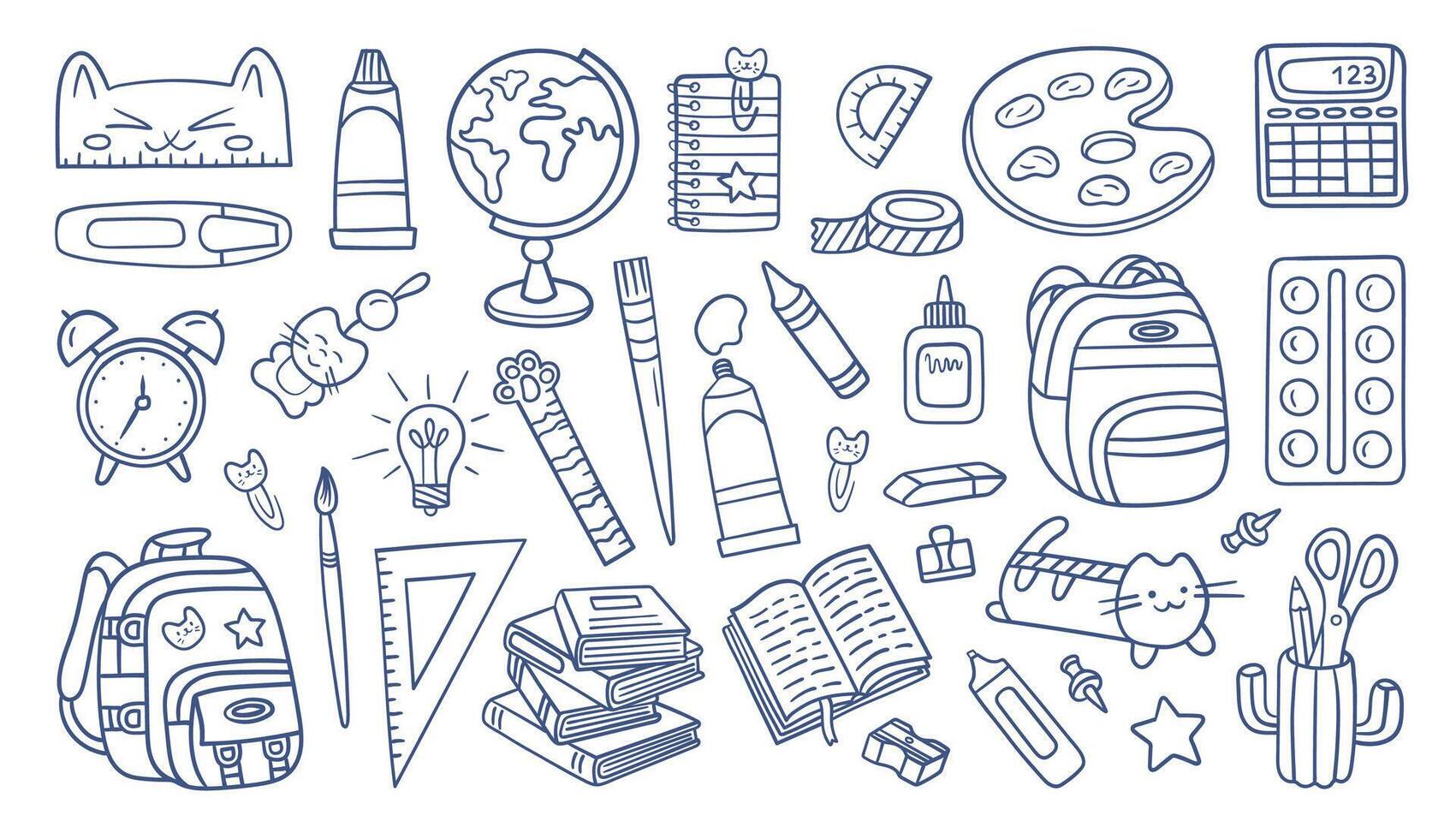 Hand-drawn school supplies doodle collection with cute cat elements. Includes books, backpacks, globe, pencils, paints, ruler, glue, alarm clock, palette, and more. Perfect for back to school. vector