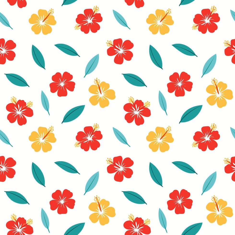 Colorful Hibiscus Flowers and Leaves Seamless Pattern Design vector