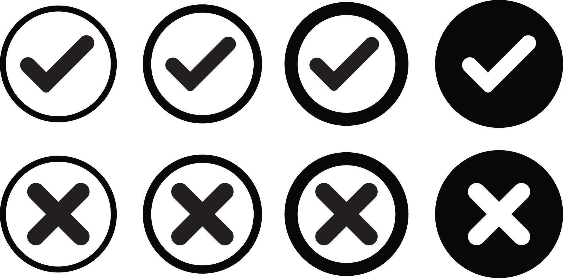 Check mark icons button set. yes or no checkmark sign. Check box icon with right and wrong buttons. black tick box and black cross symbols vector